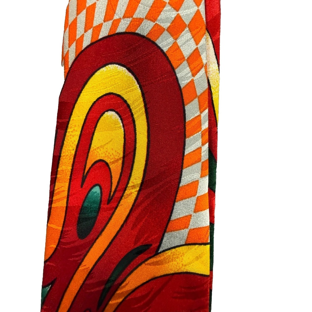 VTG Rush Limbaugh Tie Red Orange Gray Psychedelic Swirl Checks Silk USA Made 90s